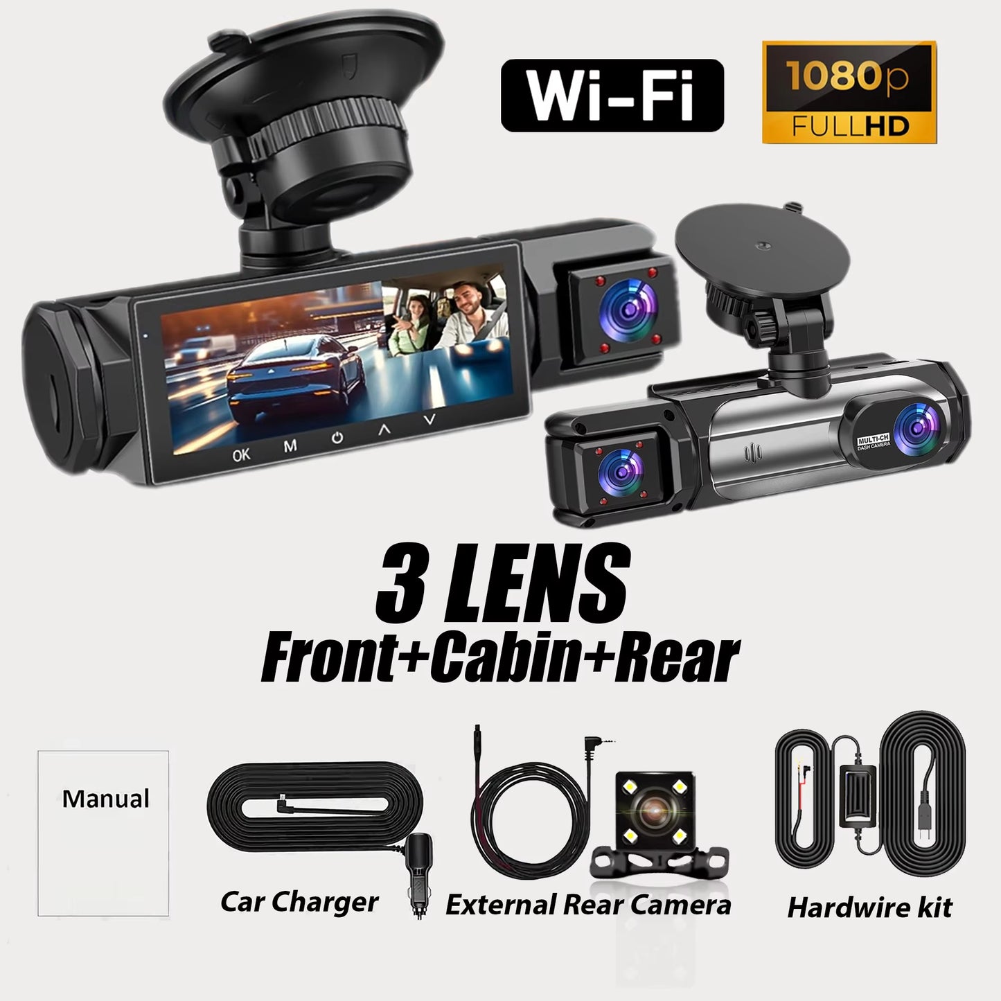 Dash Cam 3 Channel Car Black Box Wifi DVR HD 1080P Video Front Built-In and Rear Camera W/IR Night Vision Car Accessories