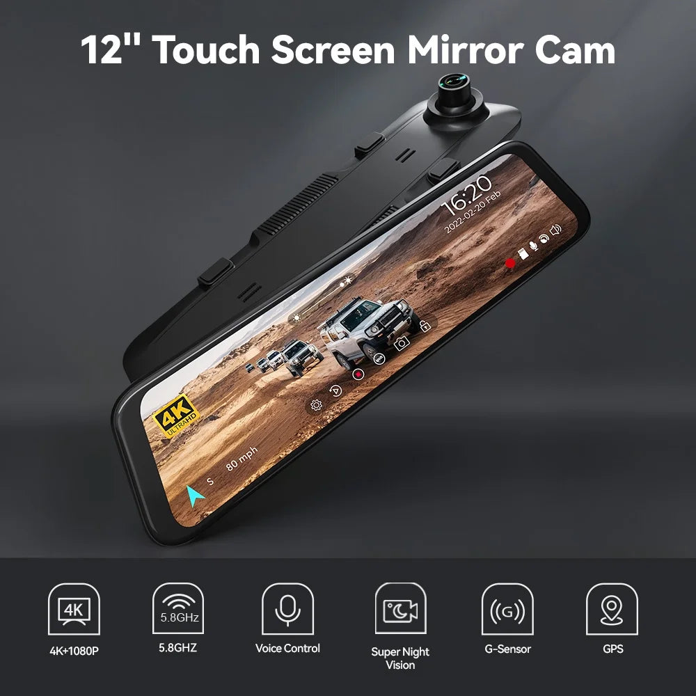 Dash Cam, Dashcam 4K in Wifi& GPS, 12'' 4K+1080P Rear View Mirror Dash Cameras with Super Night Vision, See the License Plate Clearly, Free 64GB Card