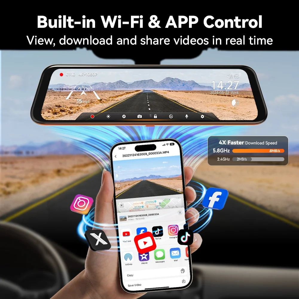 Dash Cam, Dashcam 4K in Wifi& GPS, 12'' 4K+1080P Rear View Mirror Dash Cameras with Super Night Vision, See the License Plate Clearly, Free 64GB Card