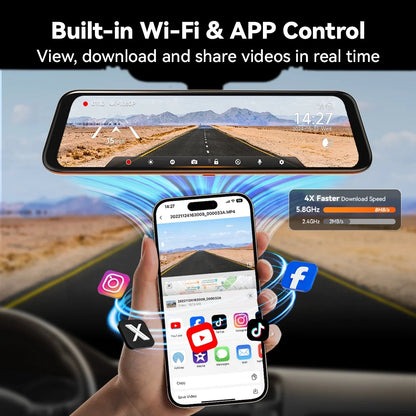 Dash Cam, Dashcam 4K in Wifi& GPS, 12'' 4K+1080P Rear View Mirror Dash Cameras with Super Night Vision, See the License Plate Clearly, Free 64GB Card