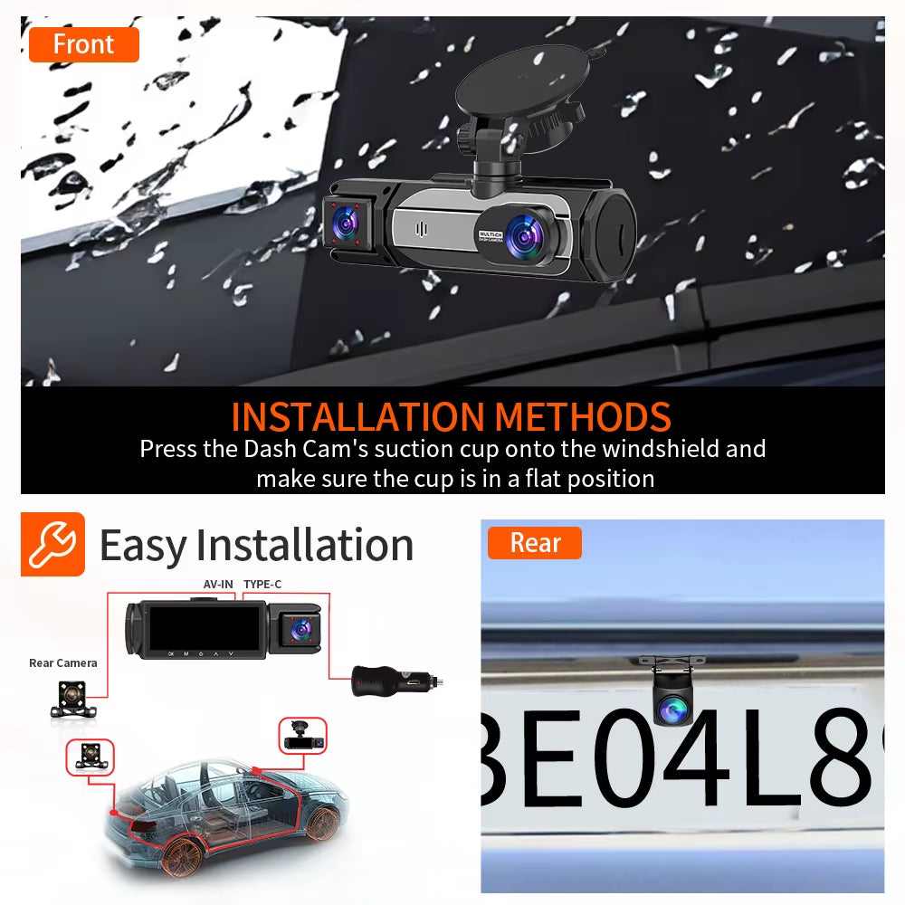 Dash Cam 3 Channel Car Black Box Wifi DVR HD 1080P Video Front Built-In and Rear Camera W/IR Night Vision Car Accessories