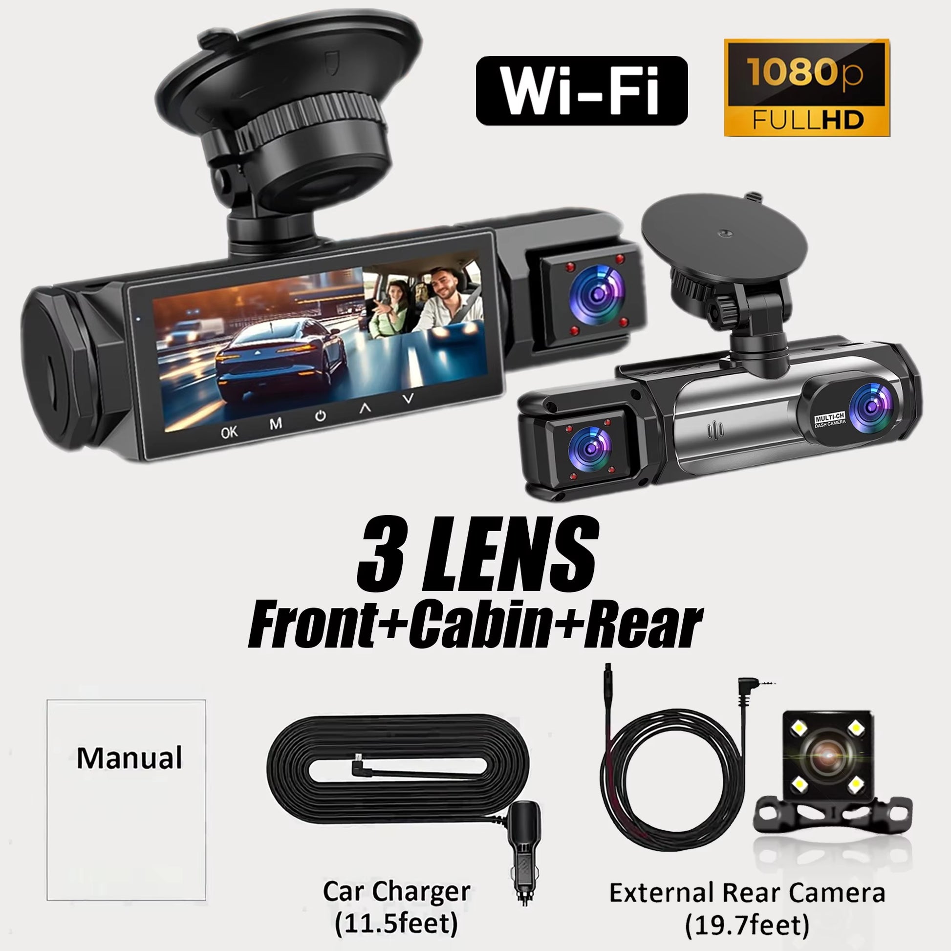 Dash Cam 3 Channel Car Black Box Wifi DVR HD 1080P Video Front Built-In and Rear Camera W/IR Night Vision Car Accessories