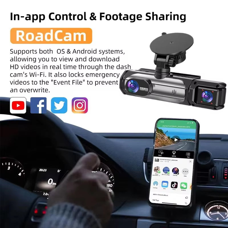 Dash Cam 3 Channel Car Black Box Wifi DVR HD 1080P Video Front Built-In and Rear Camera W/IR Night Vision Car Accessories