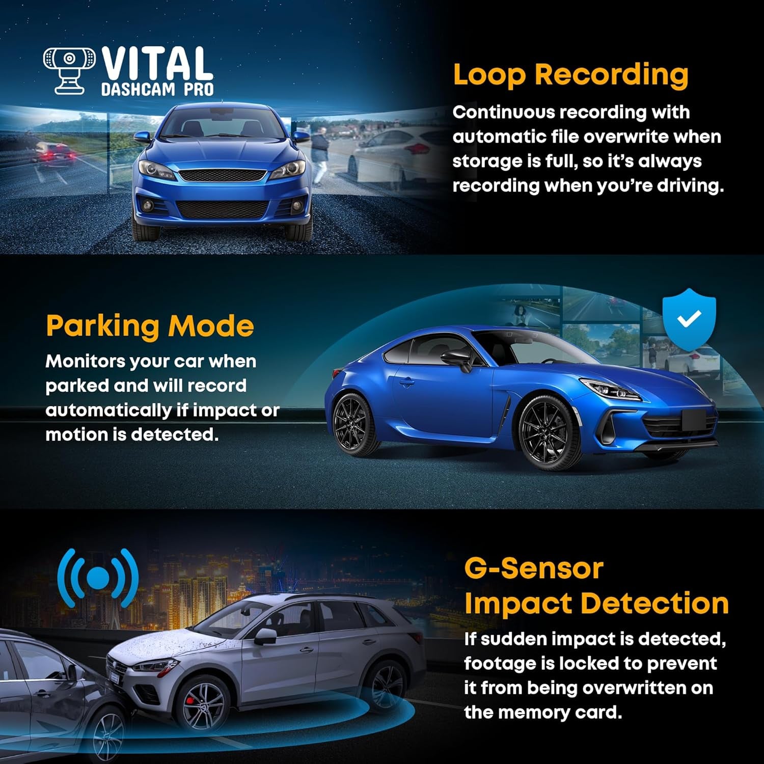 Vital Dashcam Pro 2025 Dash Cam Front and Rear Camera for Cars Dual Car Camera W