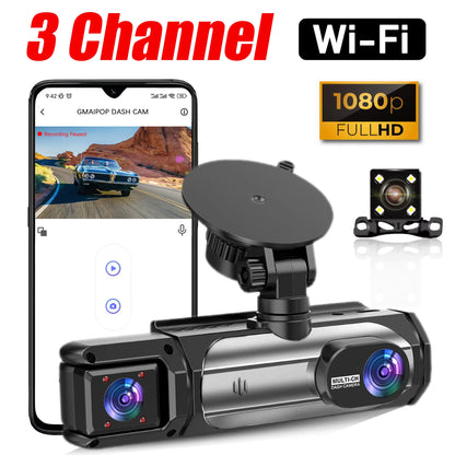 Dash Cam 3 Channel Car Black Box Wifi DVR HD 1080P Video Front Built-In and Rear Camera W/IR Night Vision Car Accessories